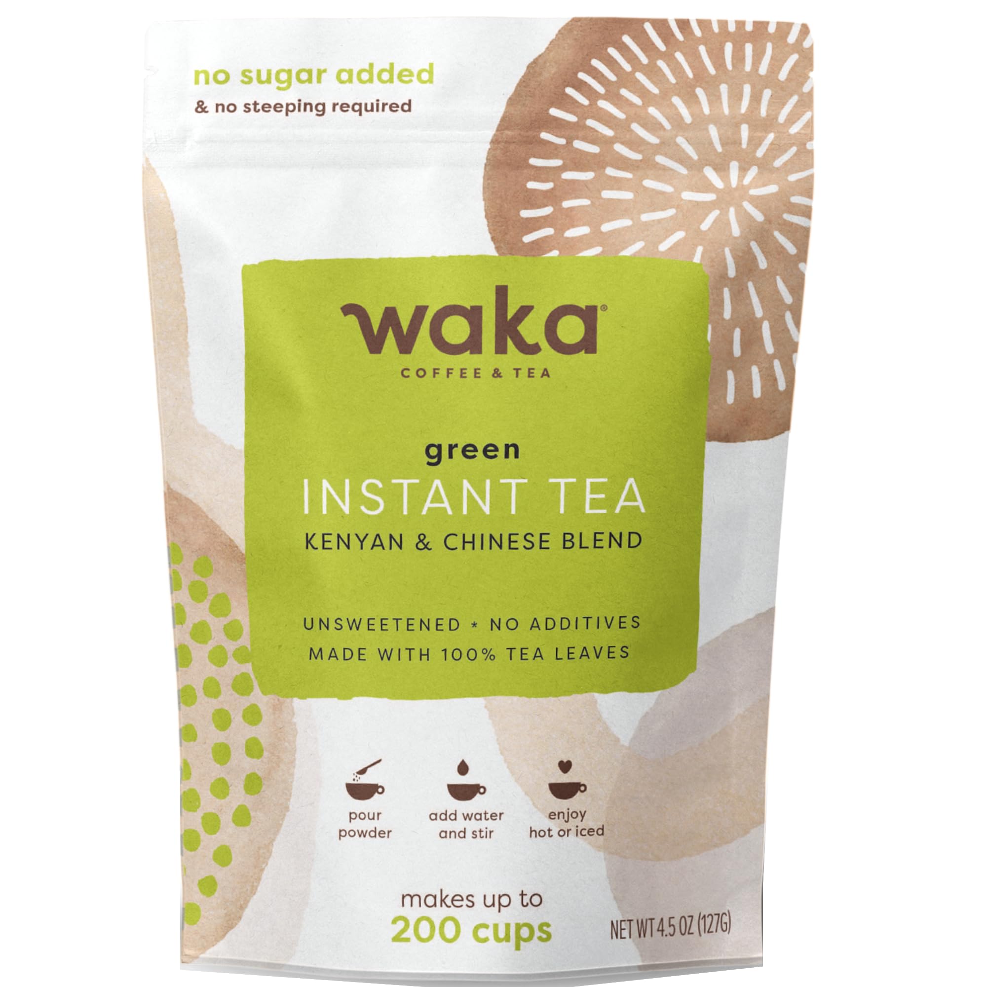 Waka Instant Green Tea Mix bag close-up shows 100% tea leaves for a smooth, unsweetened cup.