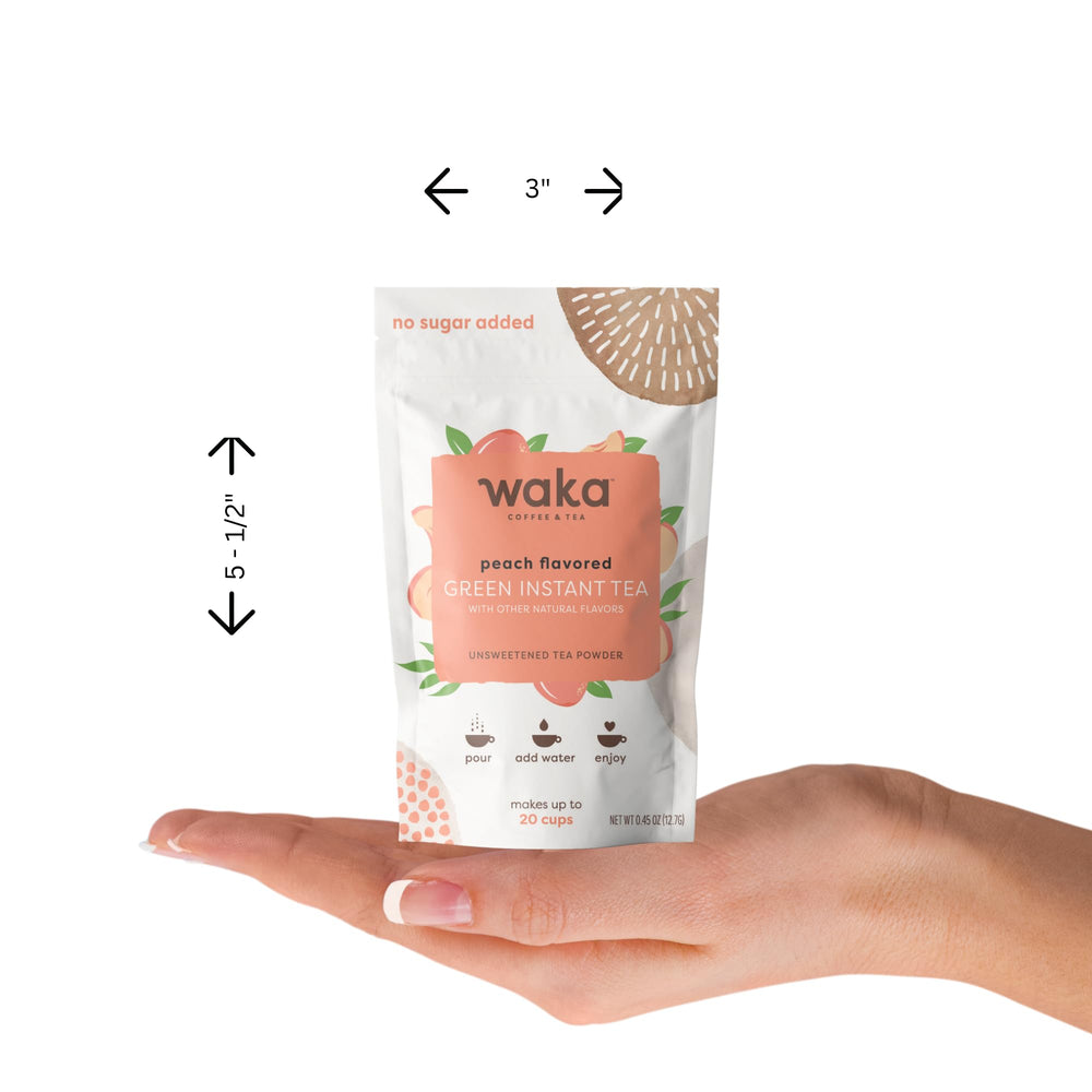 Waka Instant Green Tea Peach hot cup steaming, cozy morning drink