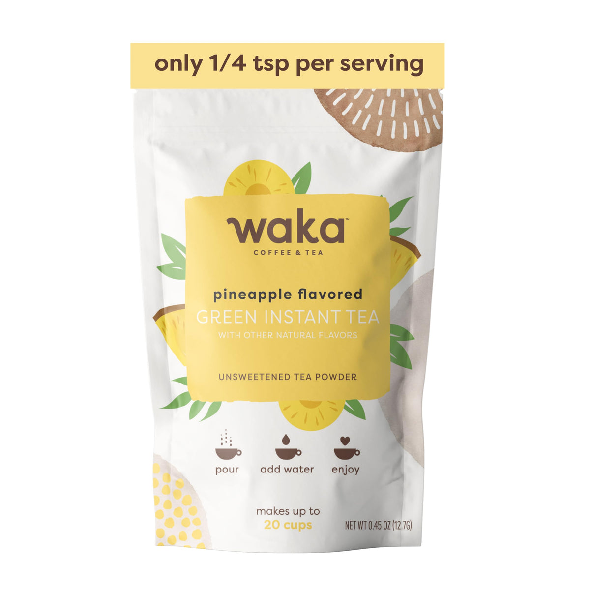 Waka Instant Green Tea Pineapple pour shows quick dissolve for hot or iced beverages