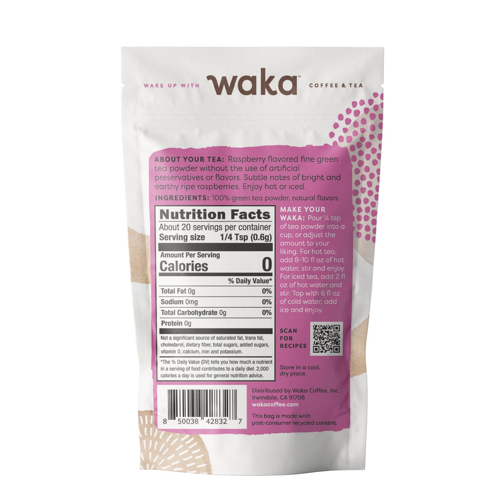 Waka Instant Green Tea Raspberry hot or iced, ready in seconds.