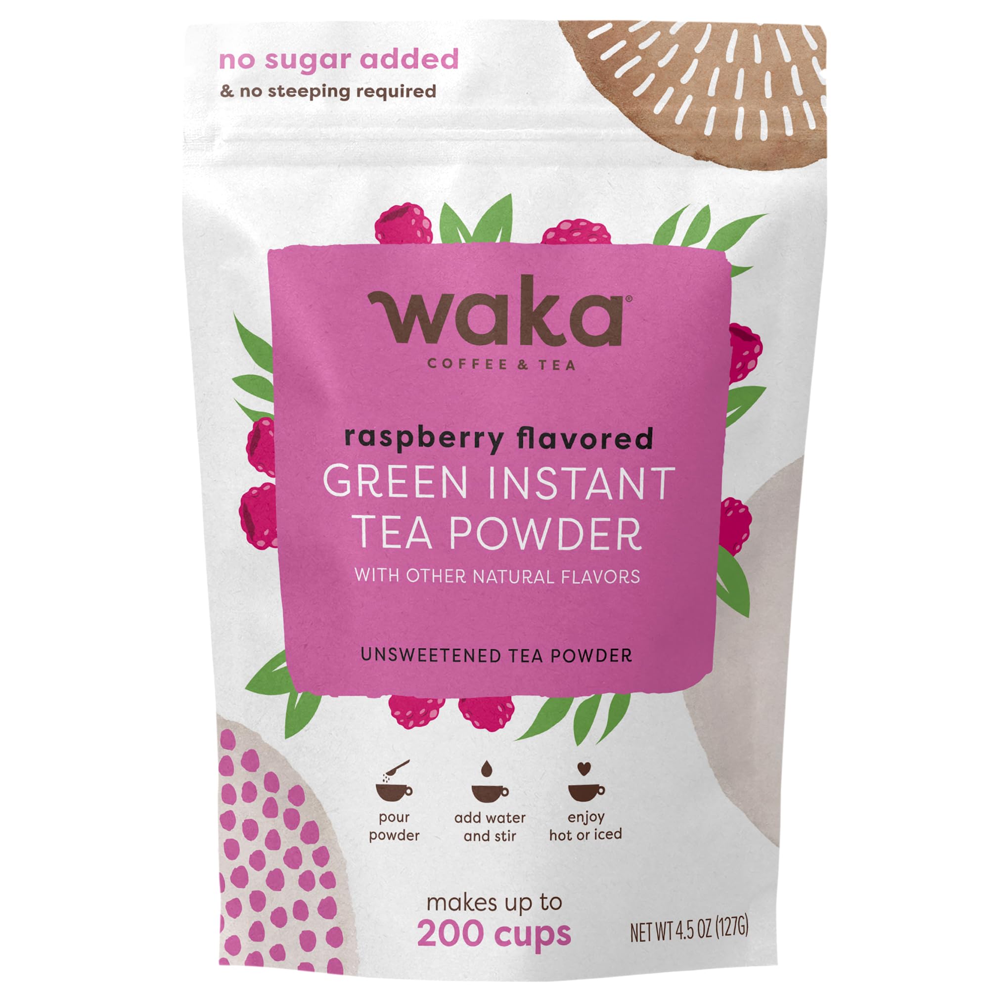 Waka Instant Green Tea Raspberry powder dissolves quickly for a smooth cup