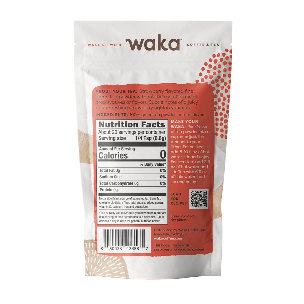 Waka Instant Green Tea Strawberry packaging shows convenient travel-sized pouch