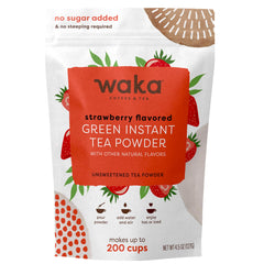 Waka Instant Green Tea Strawberry powder ready to mix for quick hot or iced drinks.