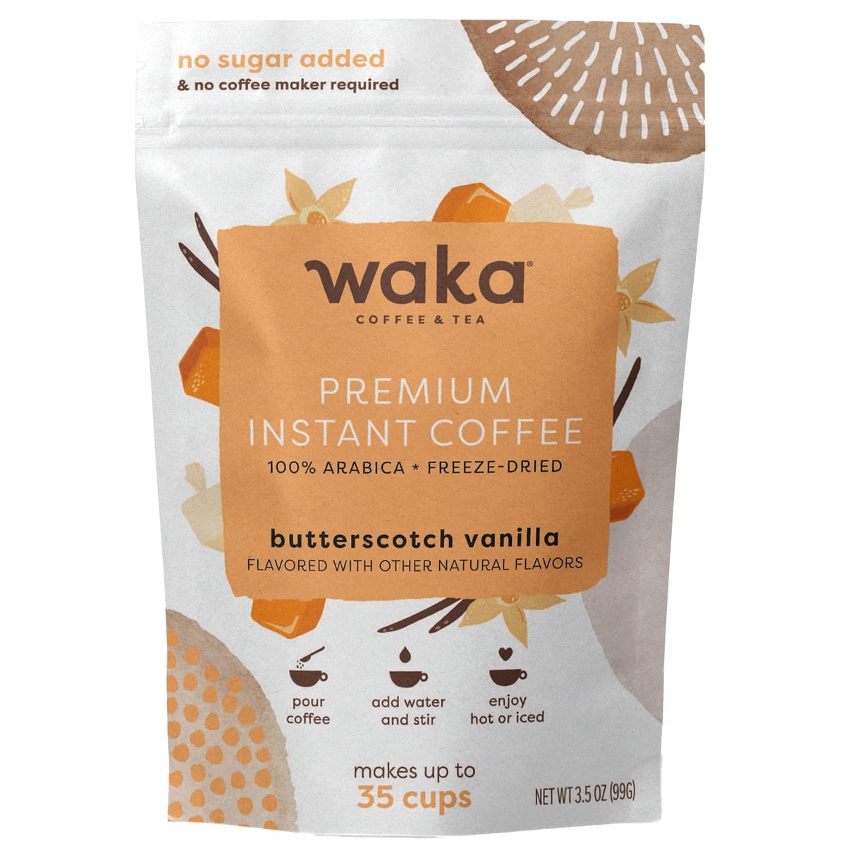 Waka Premium Instant Coffee Butterscotch Vanilla pouch ready for hot or iced cups.