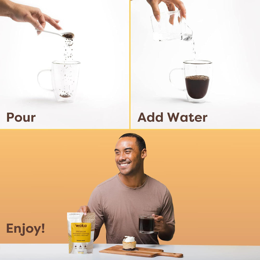 Waka Premium Instant Coffee travel-ready packets at a desk or campsite.