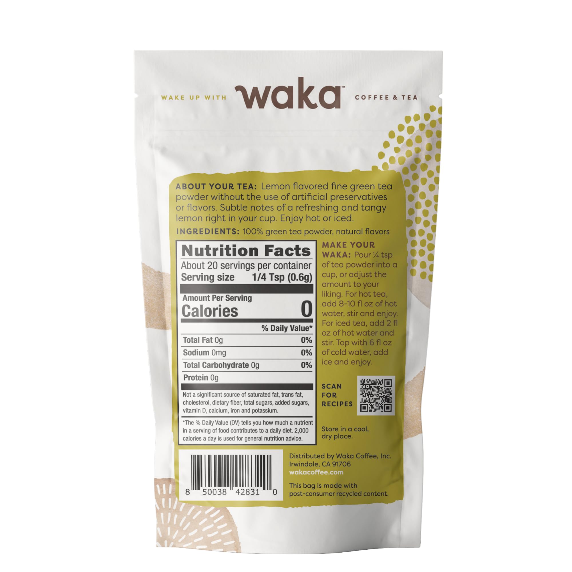 Waka sample-size tea pouch highlighting portability for on-the-go green tea
