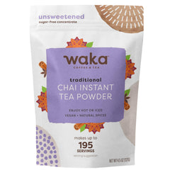 Waka Traditional Chai Tea Powder Mix bottle pour shows quick, sugar-free chai convenience at home.
