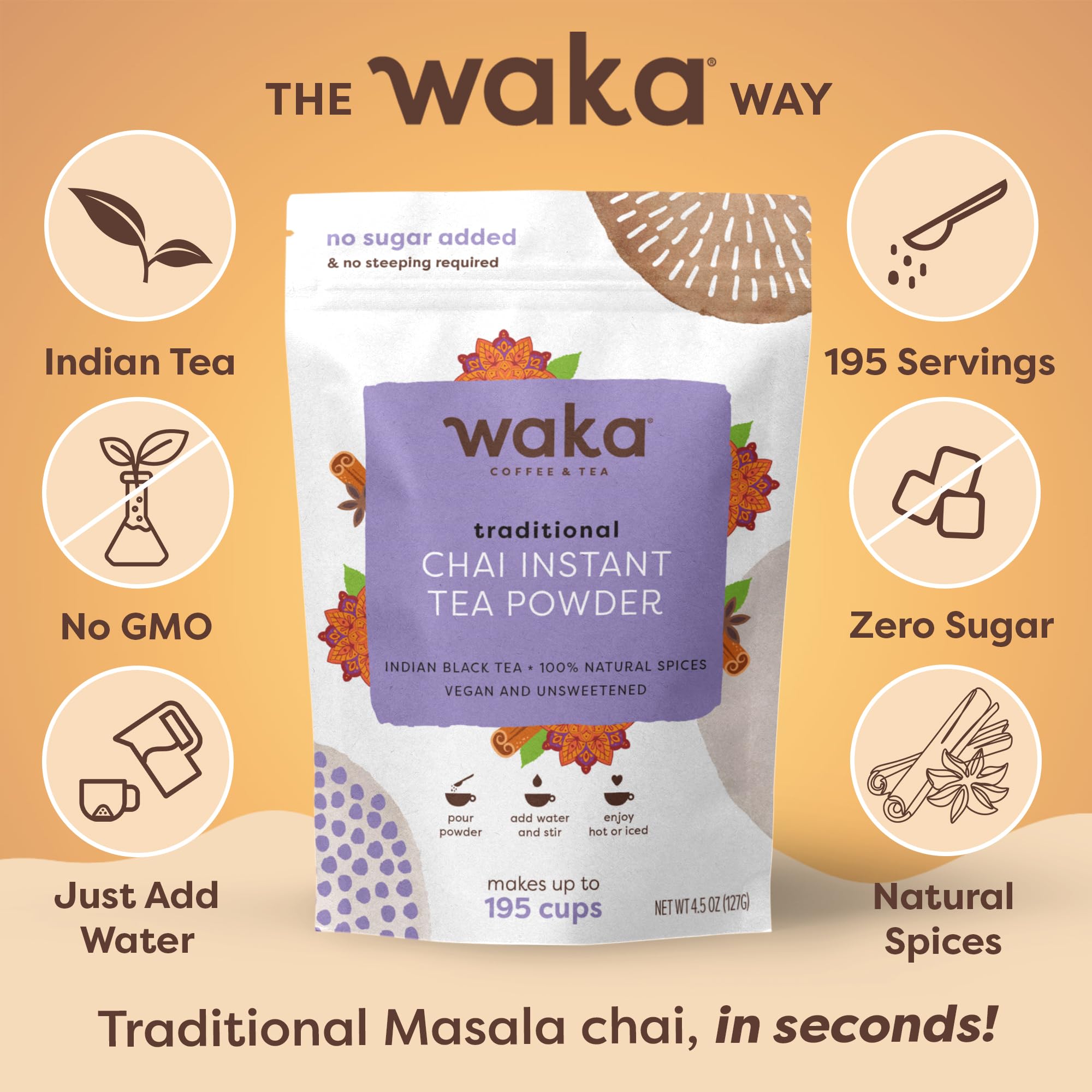 Waka Traditional Chai Tea Powder Mix cup steaming demonstrates ready-to-enjoy chai in seconds.