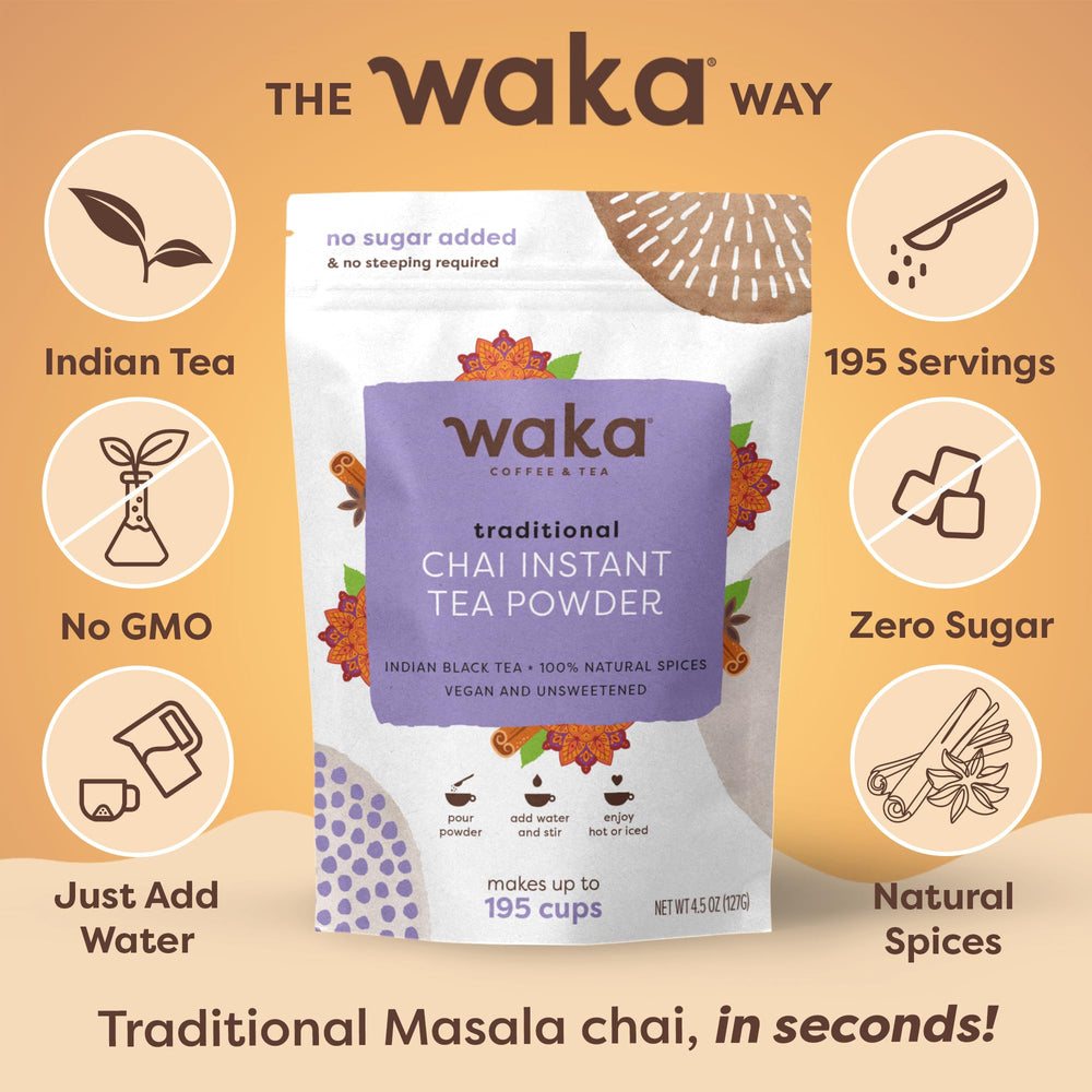 Waka Traditional Chai Tea Powder Mix cup steaming demonstrates ready-to-enjoy chai in seconds.