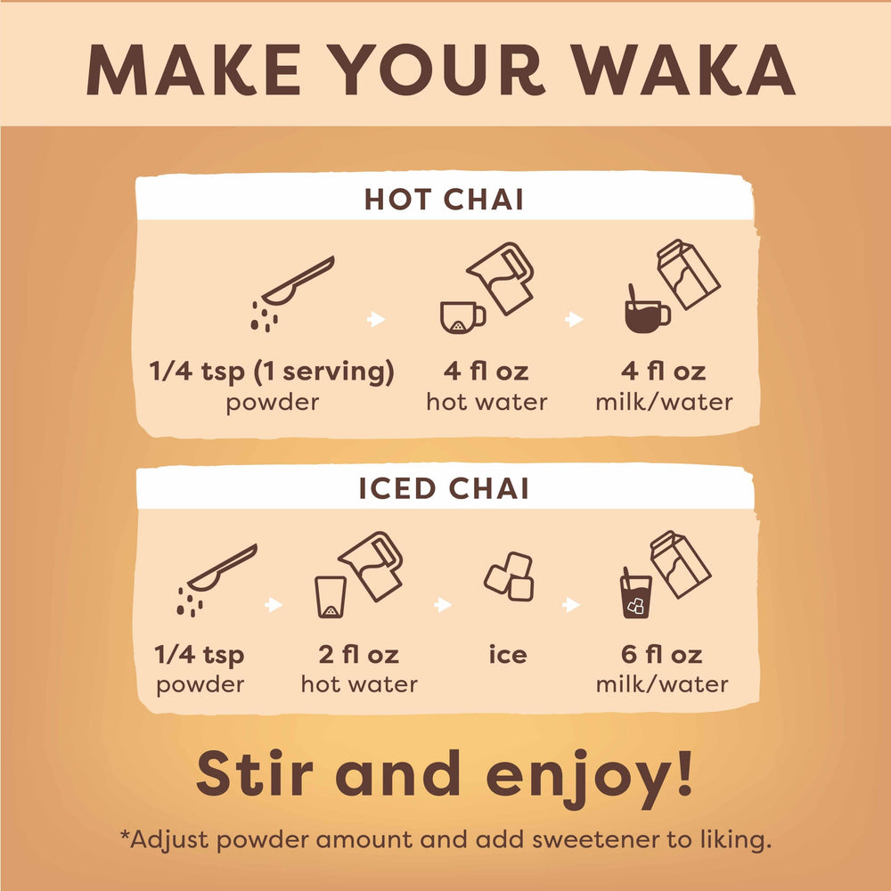 Waka Traditional Chai Tea Powder Mix latte-ready option for cozy mornings.