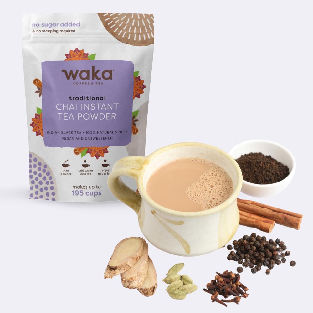 Waka Traditional Chai Tea Powder Mix vegan-friendly option suits dairy-free routines.