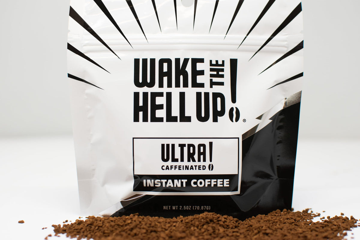 Wake The Hell Up! instant coffee packaging highlights bold branding and convenience.