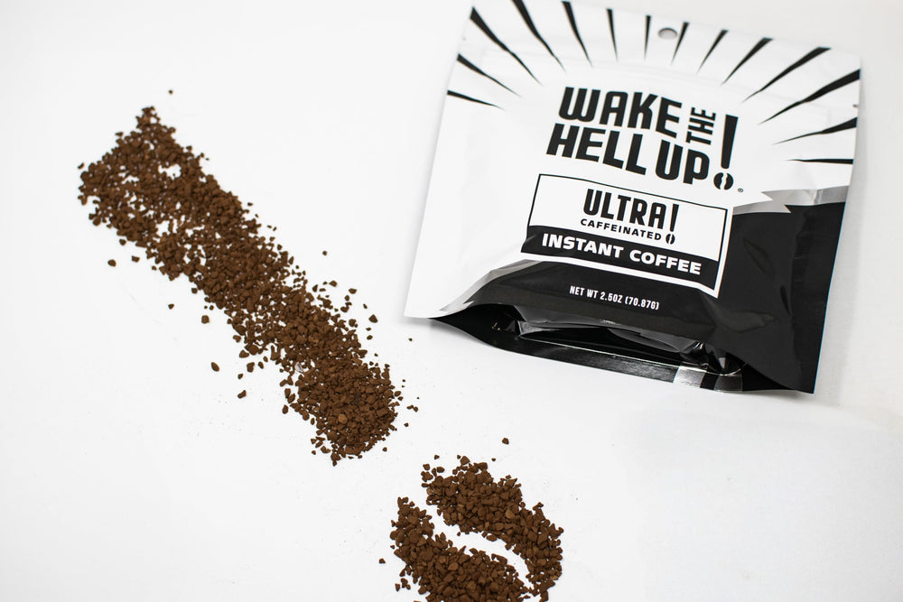 Wake The Hell Up! instant coffee powder dissolving quickly for rapid hot or cold beverages.