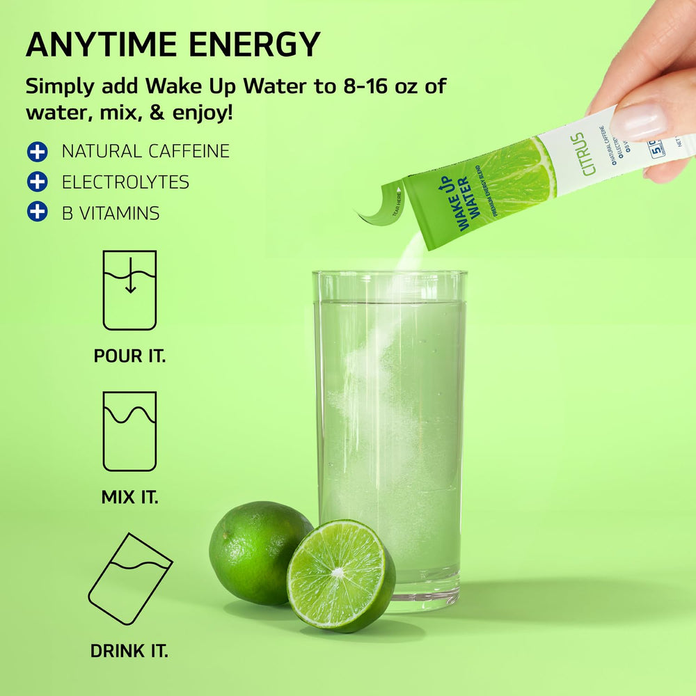 Wake Up Water Citrus hydration packets ready to dissolve in water