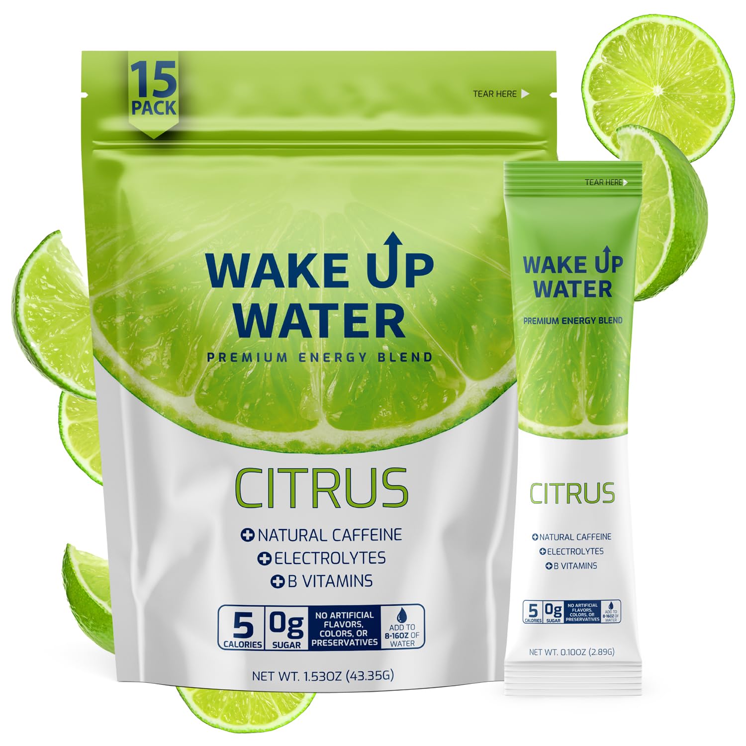 Wake Up Water Citrus ingredients list highlighting electrolytes and B vitamins