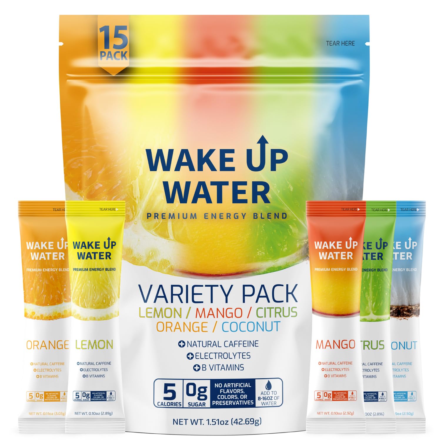 Wake Up Water glass with powder showing easy mixing for on-the-go use