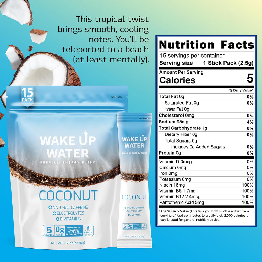 Wake Up Water glass with coconut refreshes hydration and adds tropical aroma.