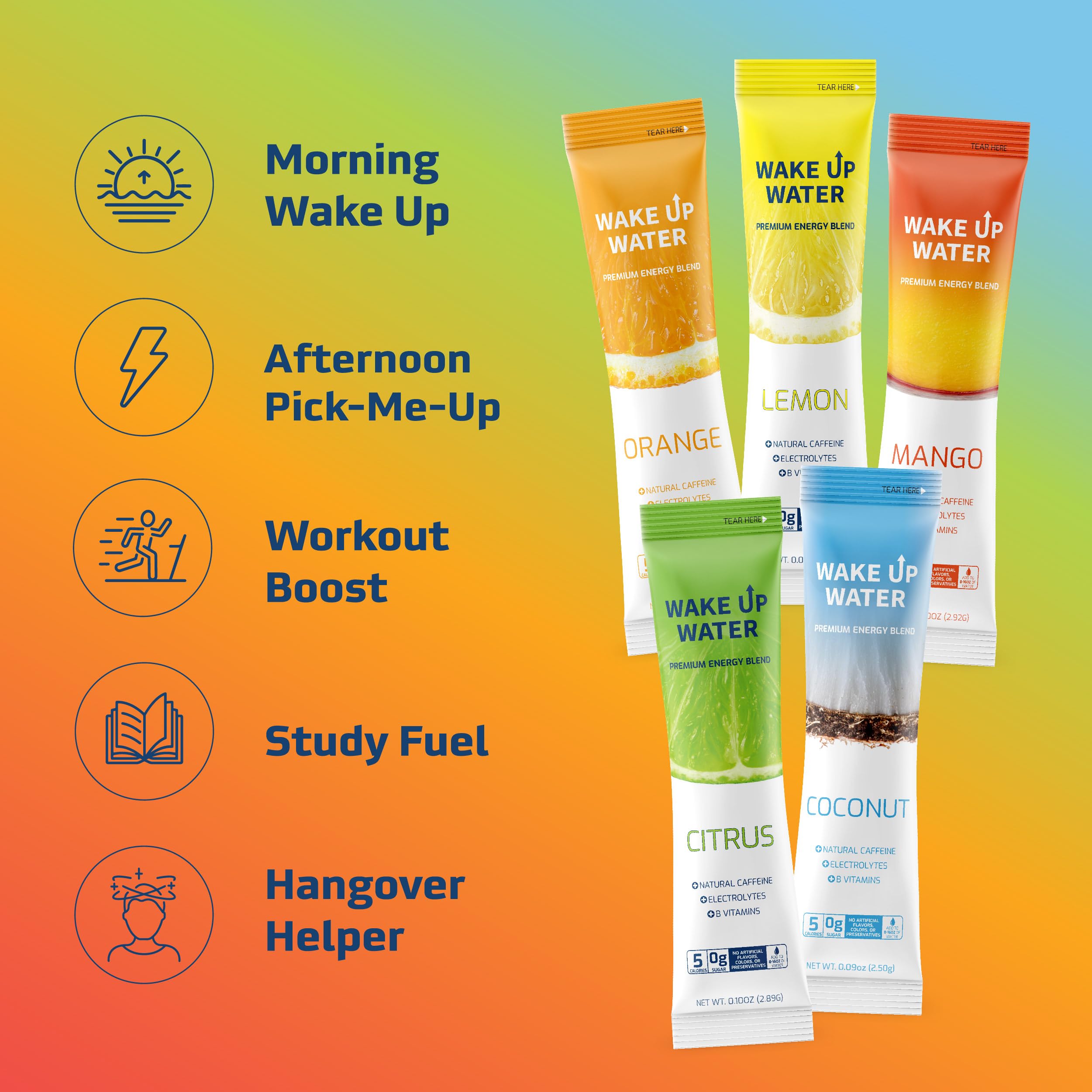 Wake Up Water lemon packet open provides bright taste and steady hydration