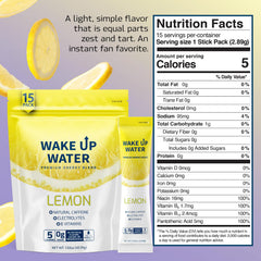 Wake Up Water lemon packets shown for quick, on-the-go hydration.
