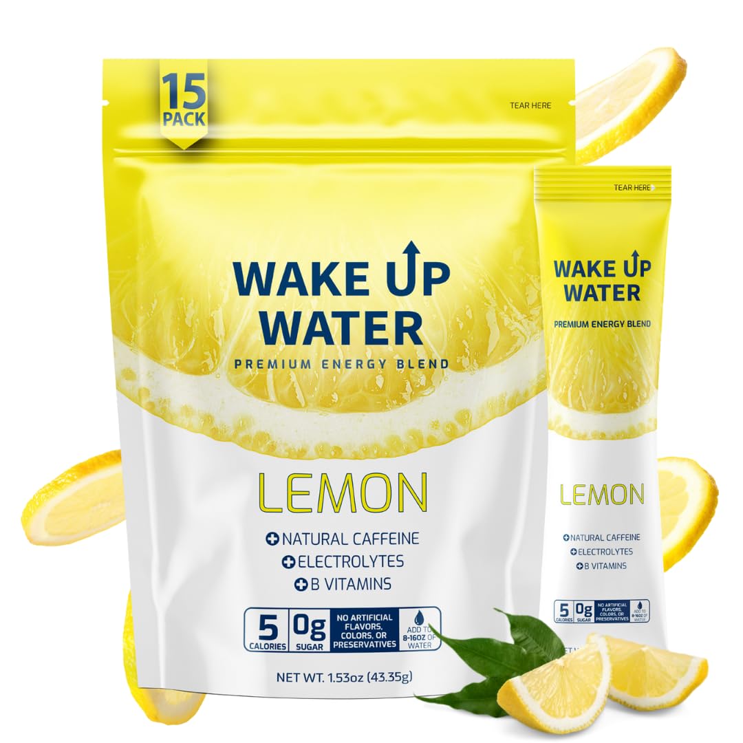 Wake Up Water lemon powder bottle ready to mix for hydrated energy.