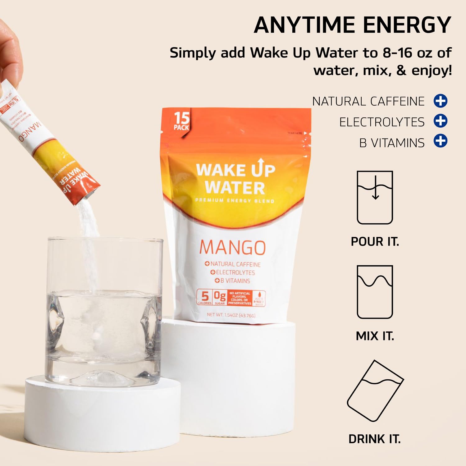 Wake Up Water Mango bottle on desk ready to refresh.