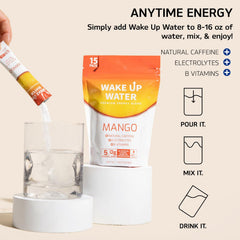 Wake Up Water Mango bottle on desk ready to refresh.