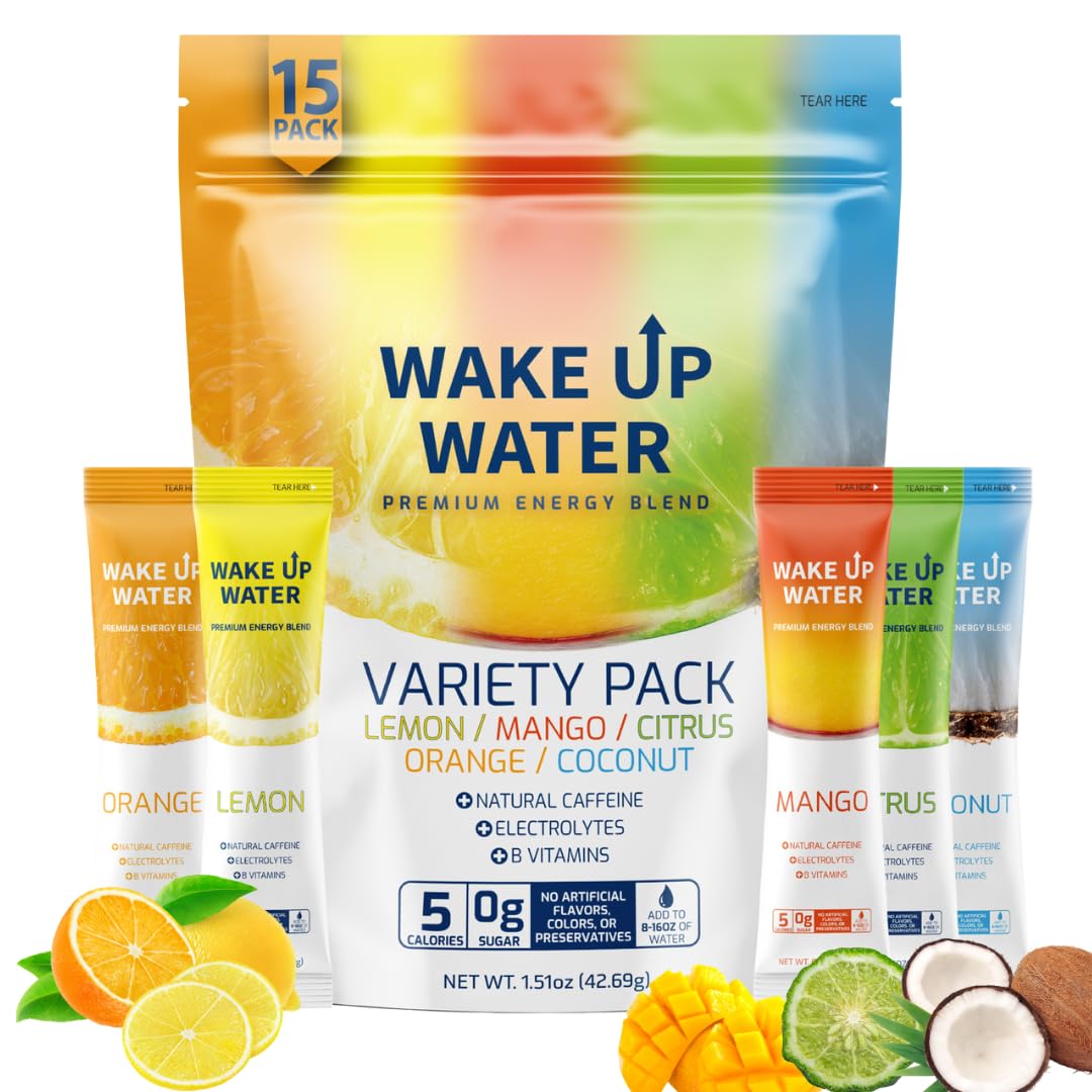 Wake Up Water mango packet open for a refreshing energy boost and hydration