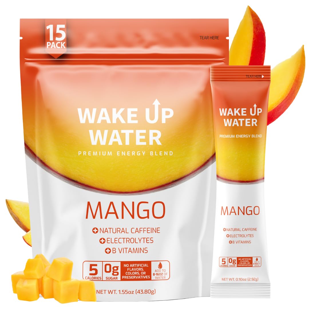 Wake Up Water Mango packet poured into a glass for crisp hydration.