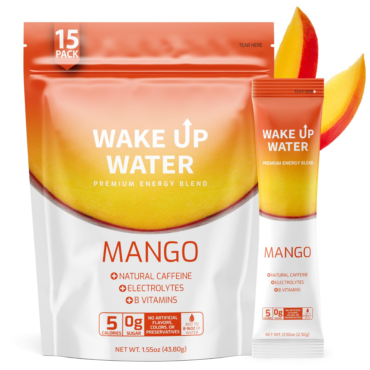 Wake Up Water Mango packets beside water bottle.