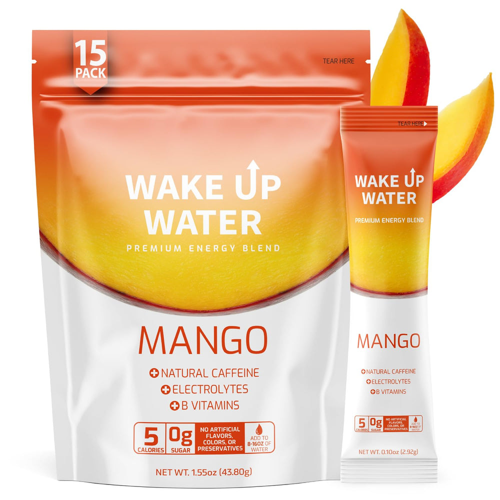 Wake Up Water Mango packets beside water bottle.