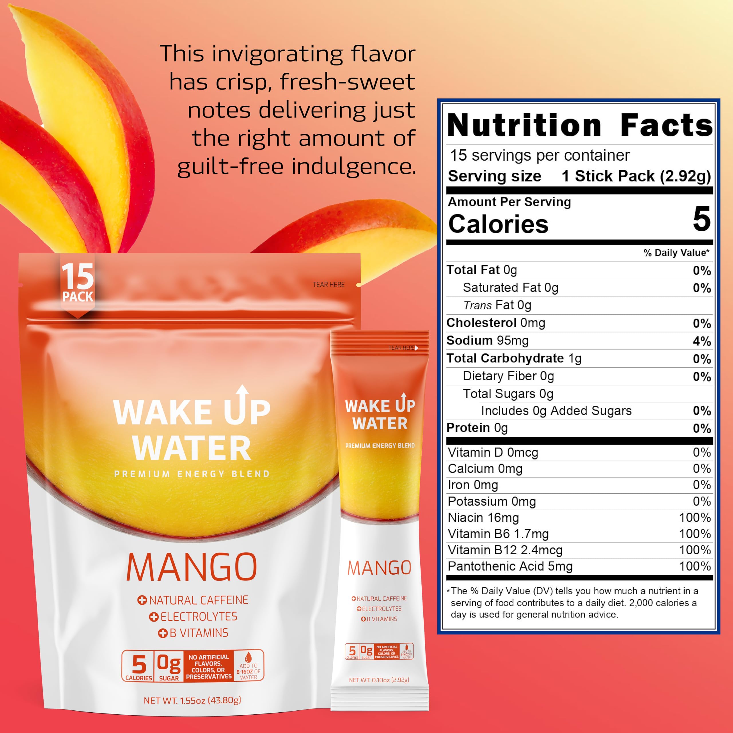 Wake Up Water Mango drink mix sachet ready for on-the-go energy.