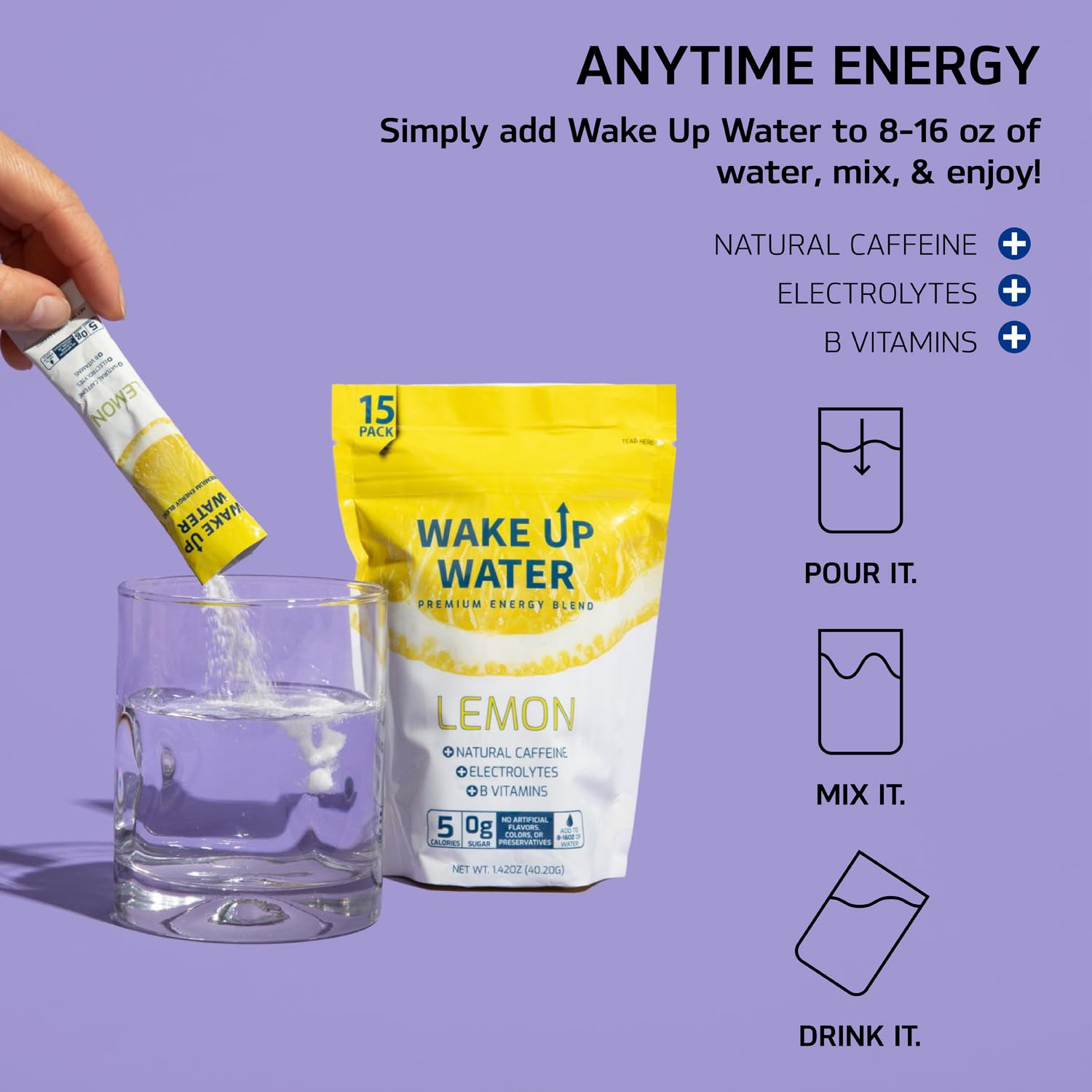 Wake Up Water mixing glass with lemon blend for focus.