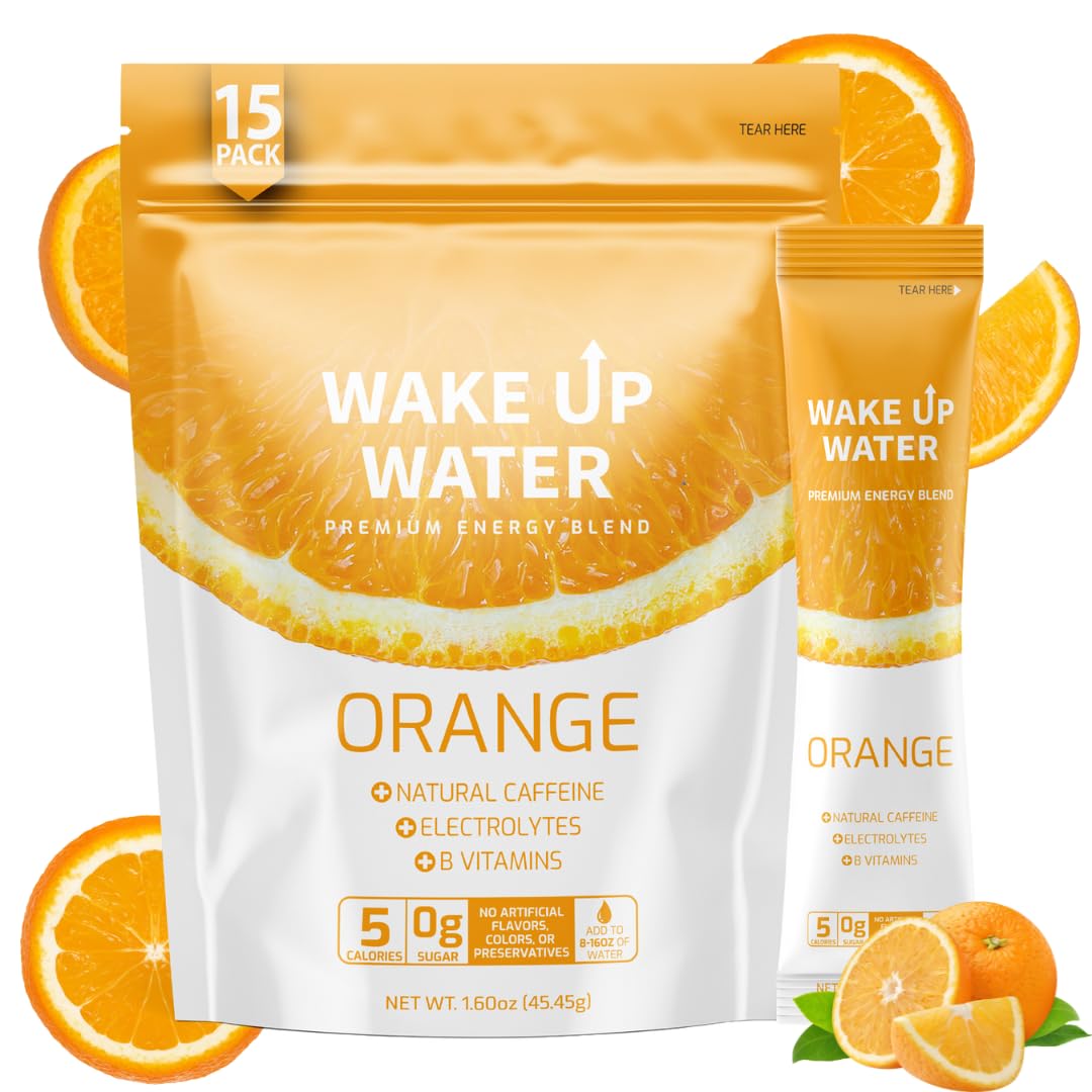 Wake Up Water orange flavor packet for on-the-go energy and hydration.