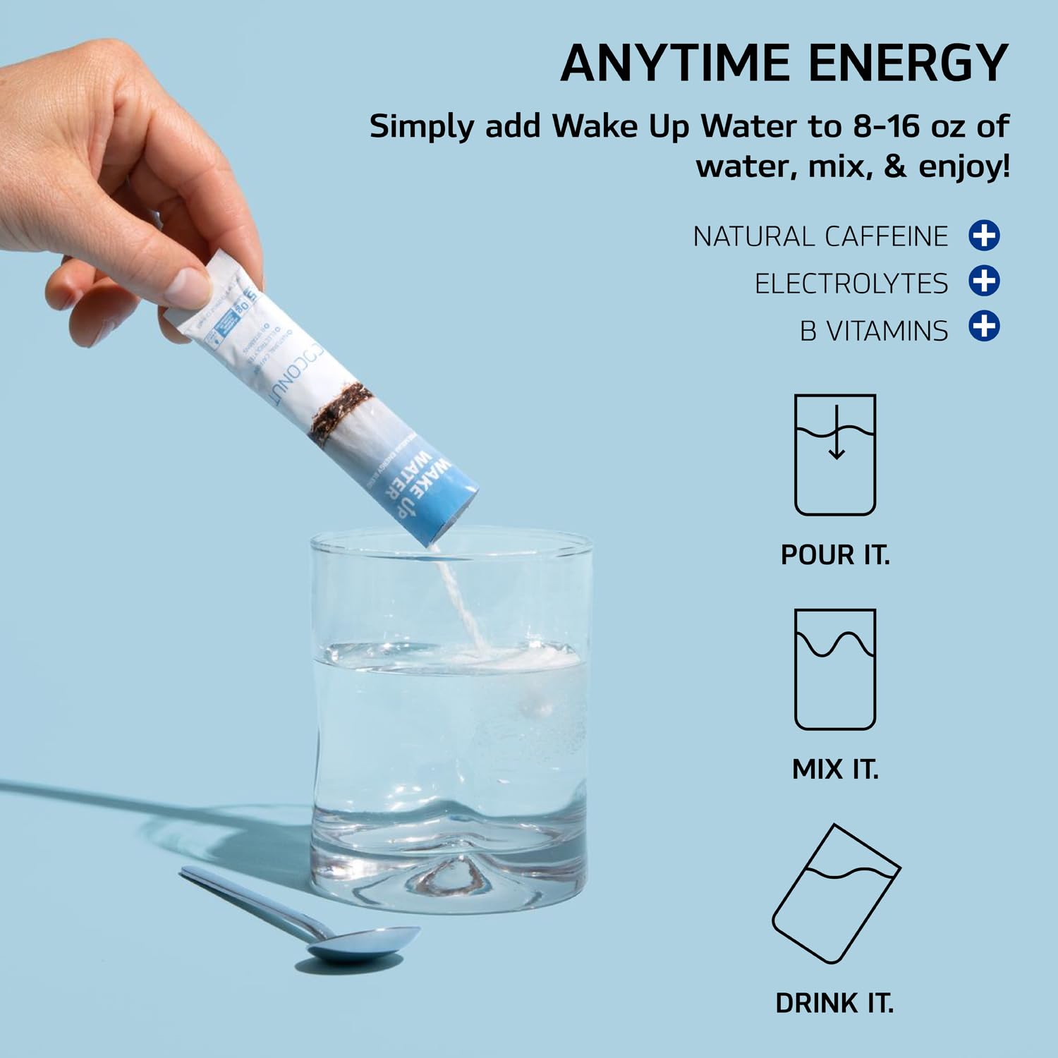 Wake Up Water powder tub 15-pack enables convenient on-the-go energy and hydration.