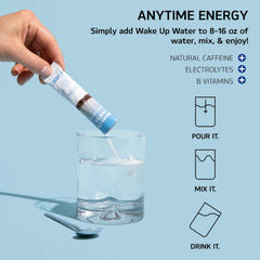 Wake Up Water powder tub 15-pack enables convenient on-the-go energy and hydration.
