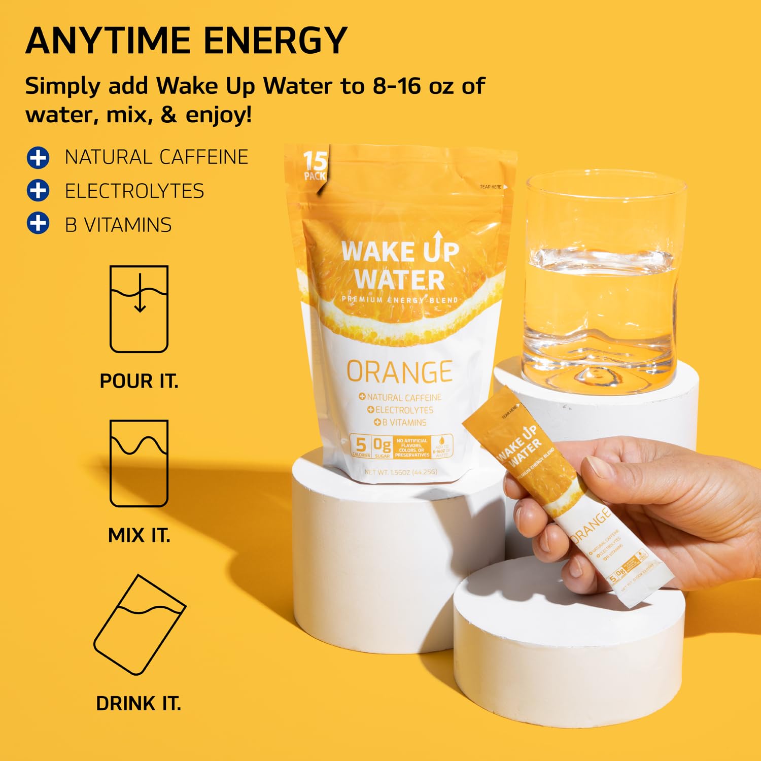 Wake Up Water travel sachets ready for convenient healthy energy during workouts.