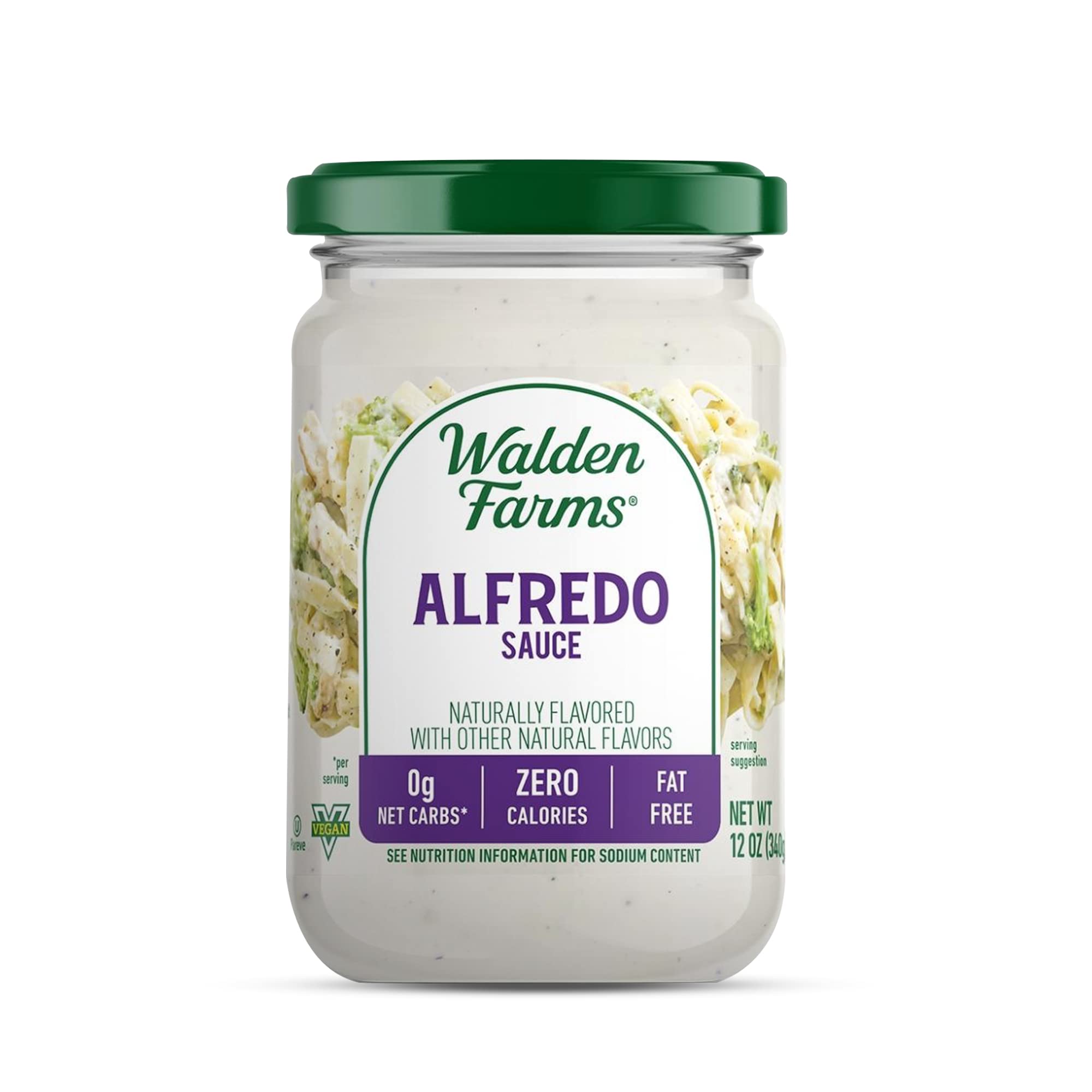 Walden Farms Alfredo sauce bottle on counter for zero-calorie meals.