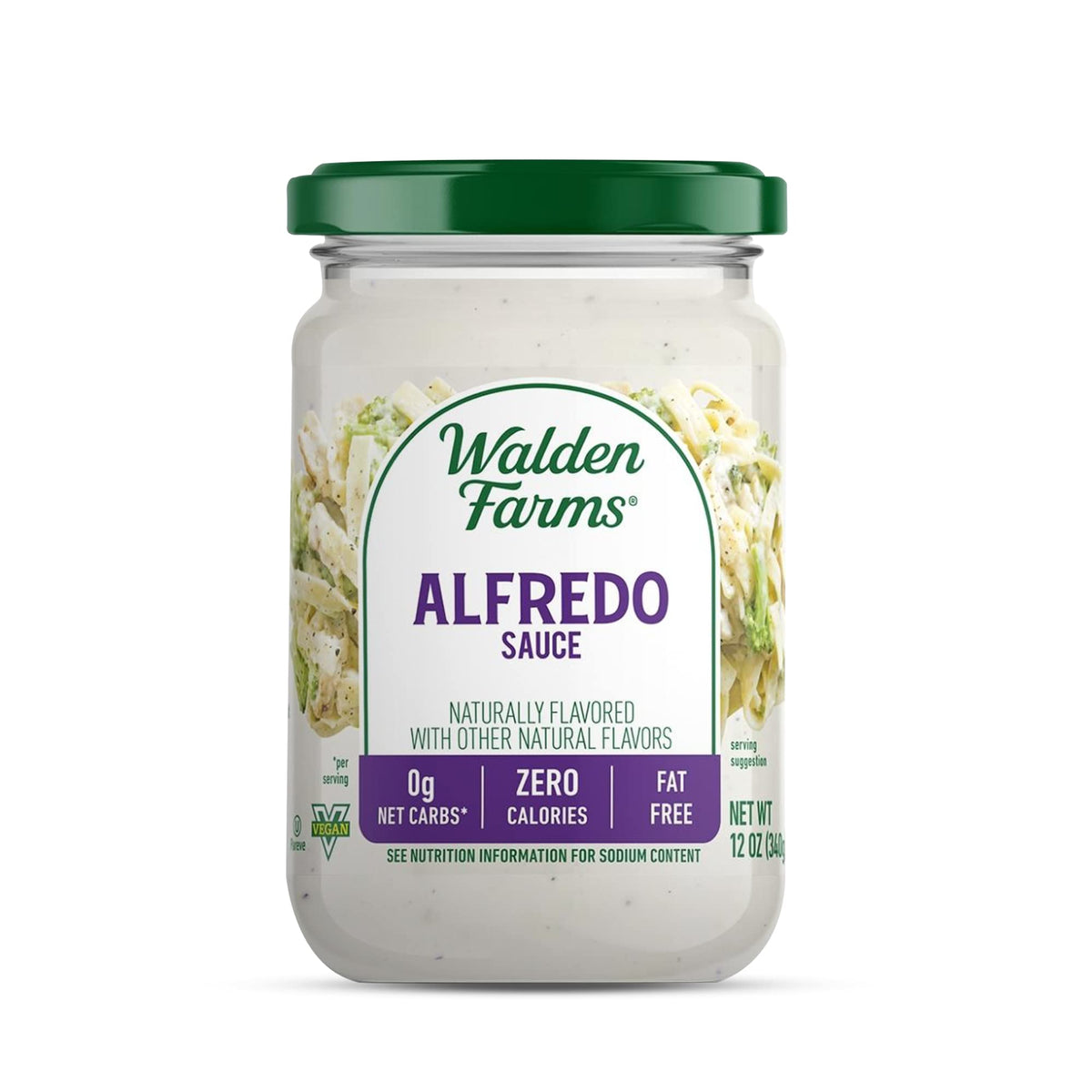 Walden Farms Alfredo sauce bottle on counter for zero-calorie meals.