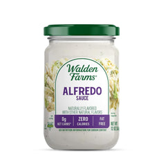 Walden Farms Alfredo sauce bottle on counter for zero-calorie meals.