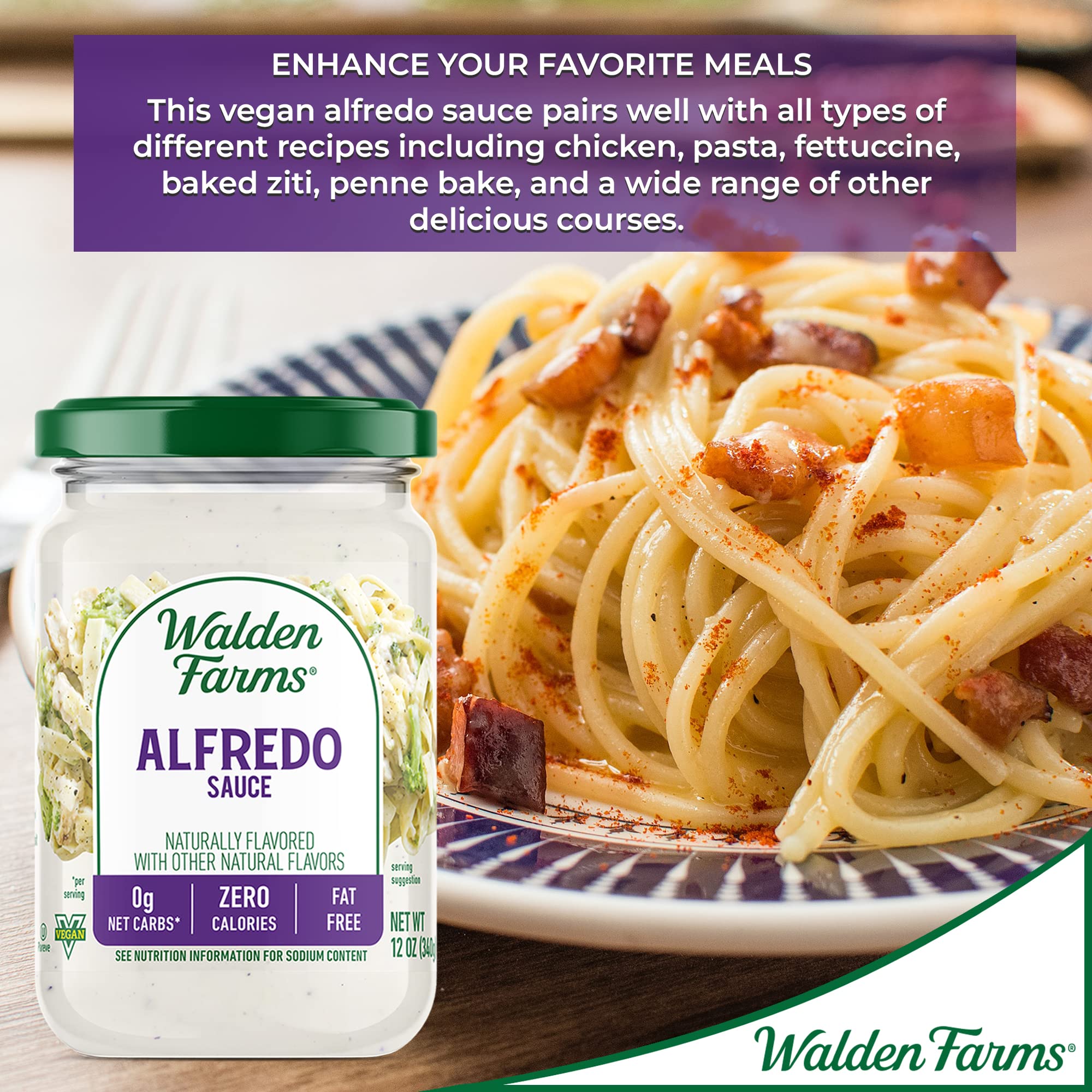 Pasta night simplified with Walden Farms Alfredo sauce and minimal macros.