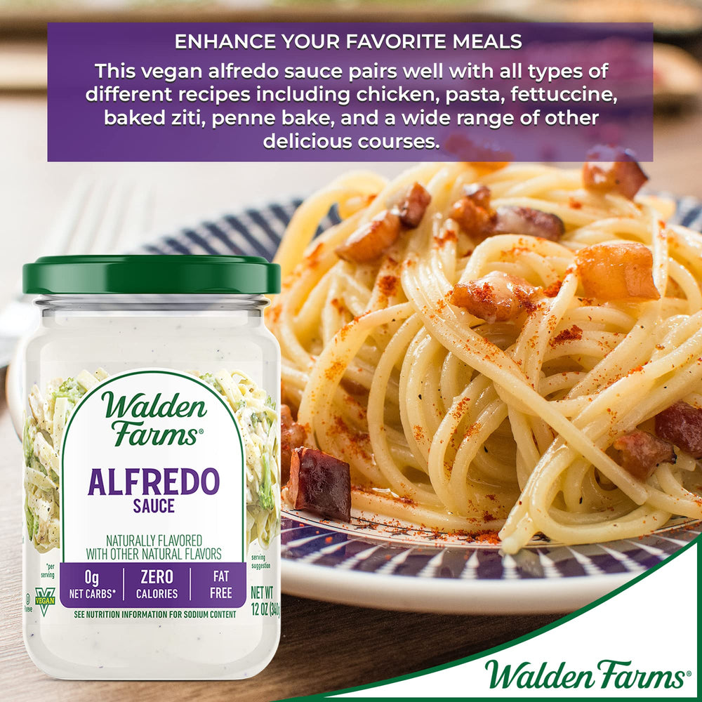Pasta night simplified with Walden Farms Alfredo sauce and minimal macros.
