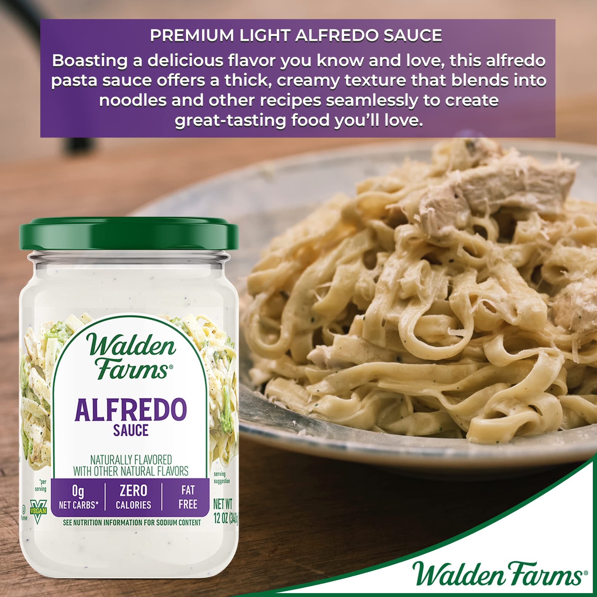 Dairy-free Walden Farms Alfredo sauce complements versatile, dairy-free cooking options.