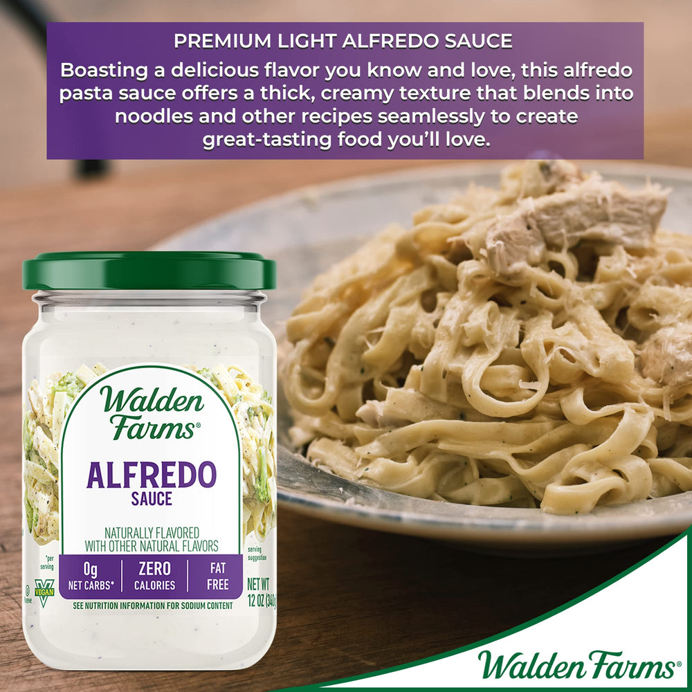 Dairy-free Walden Farms Alfredo sauce complements versatile, dairy-free cooking options.