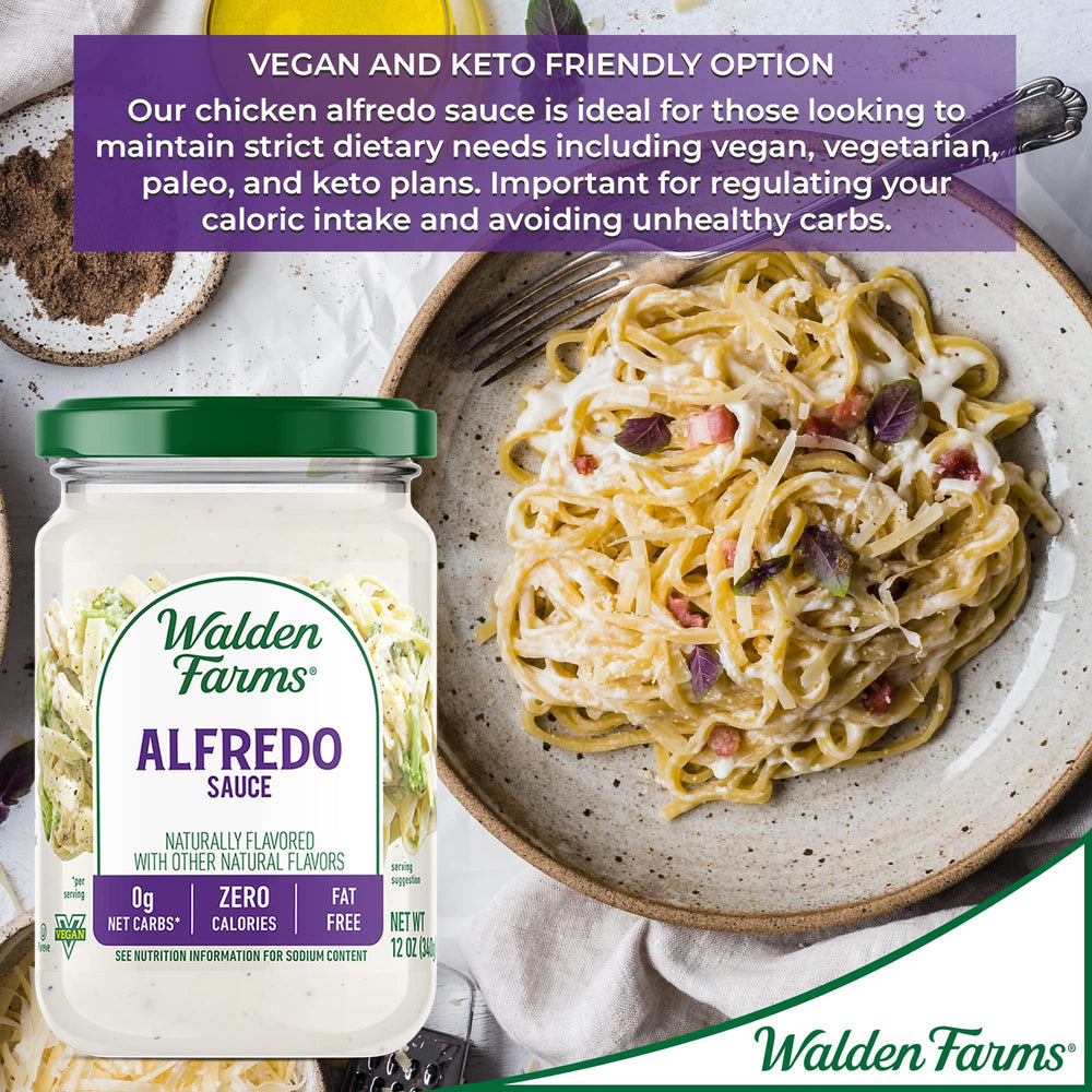 Walden Farms Alfredo sauce in fridge ready for quick weeknight meals.