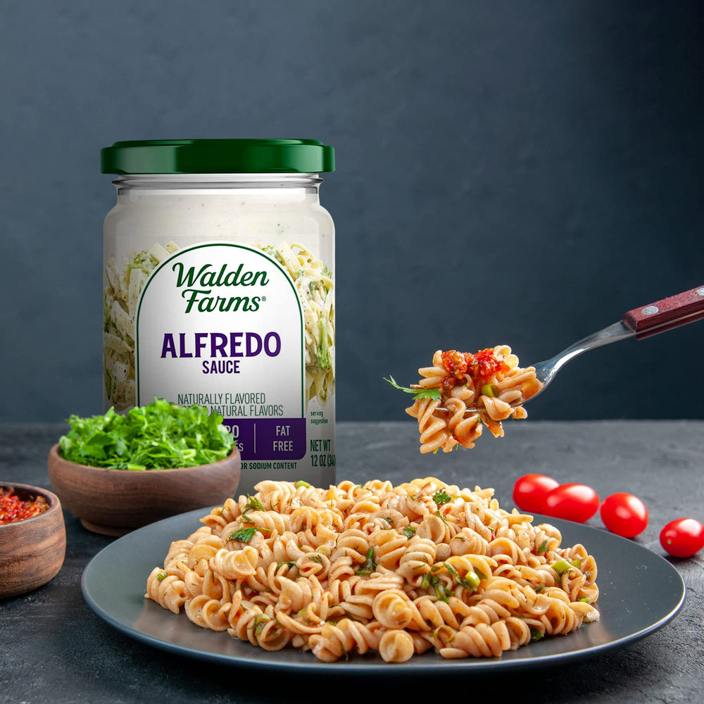 Creamy Walden Farms Alfredo over roasted broccoli for a comforting side.