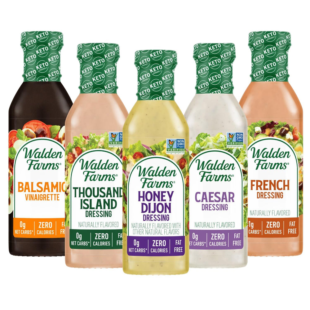 Walden Farms Balsamic Vinaigrette bottle pour over fresh greens for light, calorie-free flavor