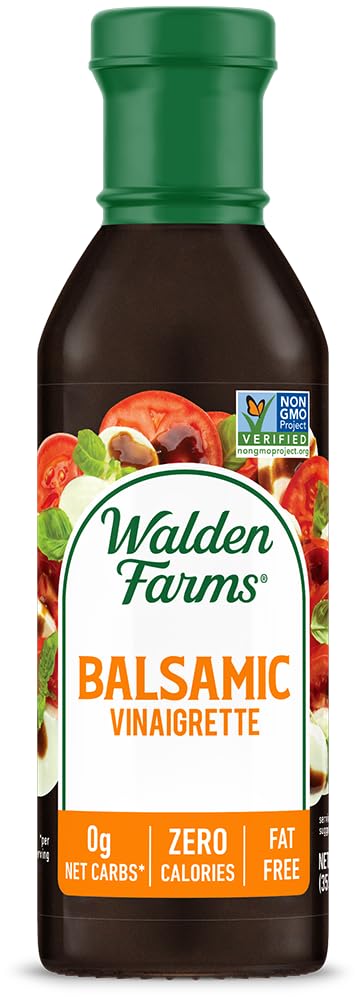 Walden Farms Balsamic Vinaigrette bottle highlighting calorie-free flavor for salads.
