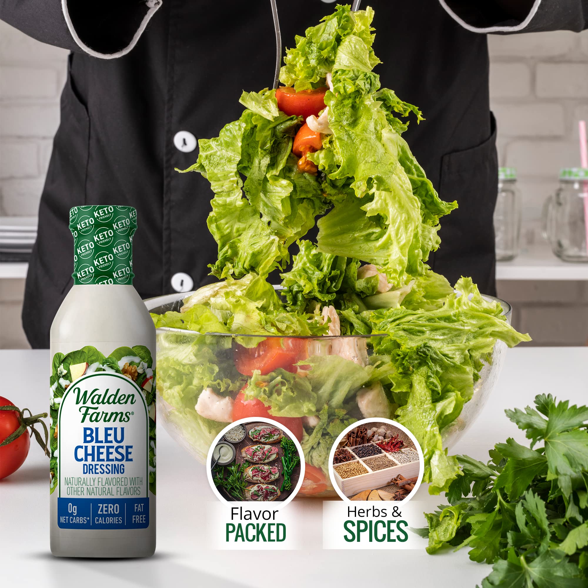 Walden Farms Bleu Cheese Dressing label highlighting diet features