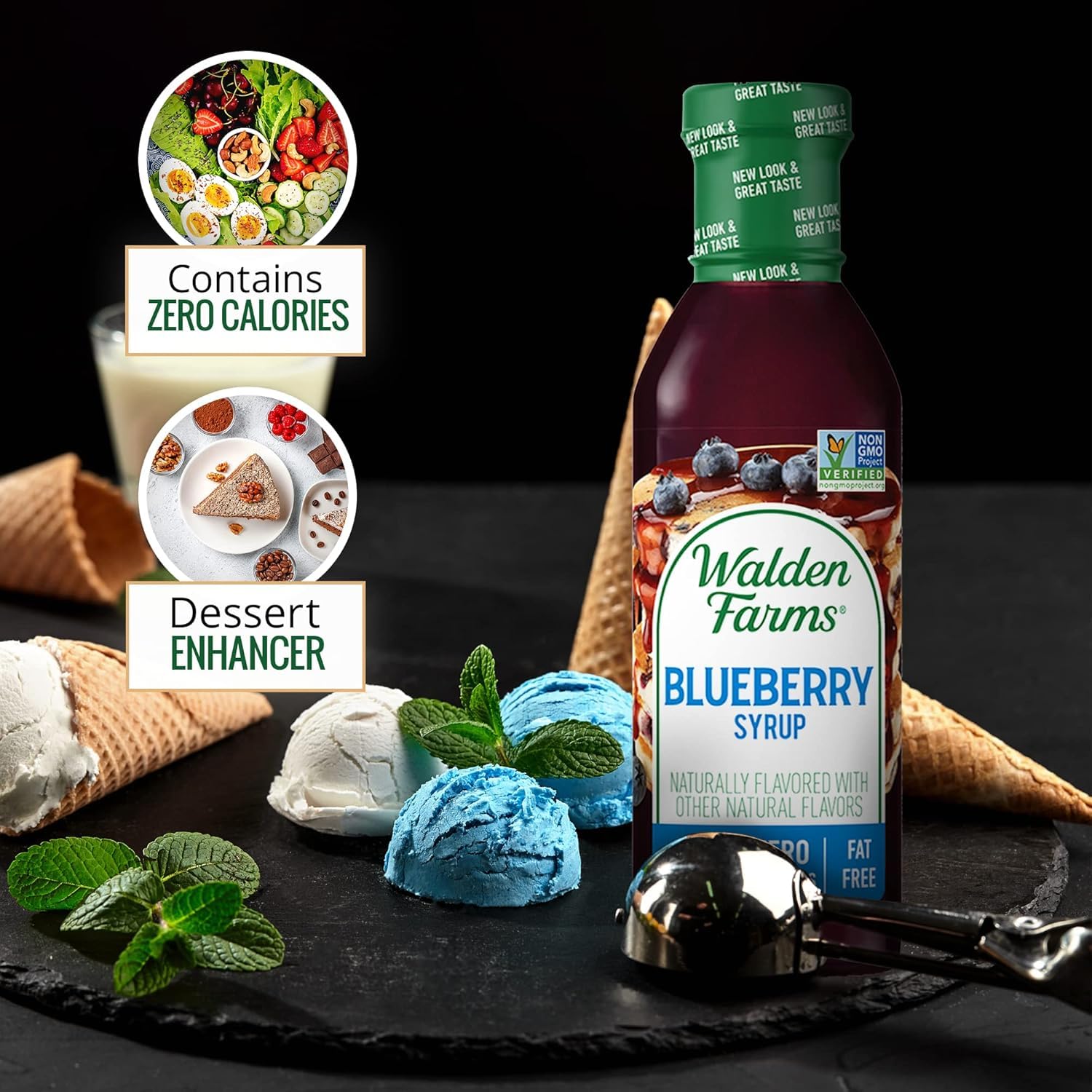Walden Farms Blueberry Syrup 2-pack display on pantry shelf.