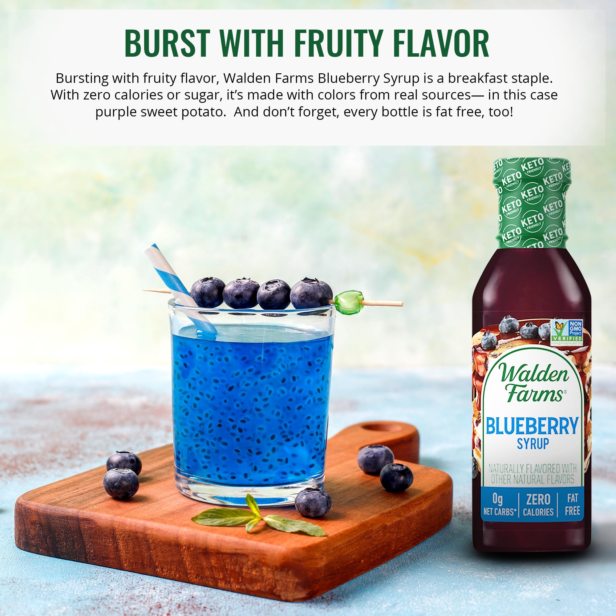Walden Farms Blueberry Syrup bottle close-up highlights zero calories.